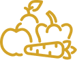 Illustration simple en ligne ocre d'une pomme, d'un poivron et d'une carotte. Représente des fruits et légumes frais et sains.