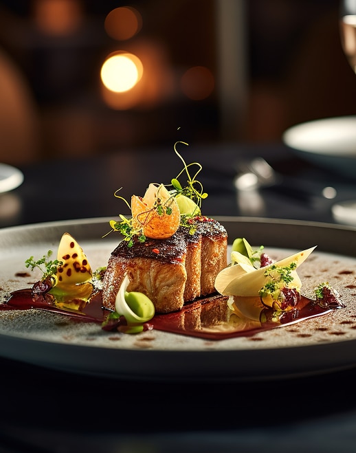 Plat gastronomique : viande grillée, sauce rouge intense, garnitures élégantes sur assiette moderne en restaurant.