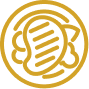 Symbole circulaire or : ovale côtelé central, motif entrelacé stylisé et anneau extérieur.