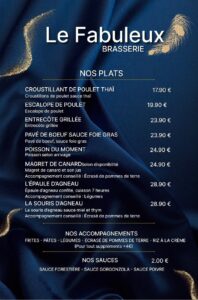 Menu Le Fabuleux Brasserie: plats (poulet, boeuf, poisson, agneau), accompagnements (frites, pâtes, légumes), sauces. Prix indiqués.