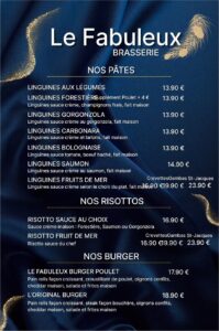 Menu Le Fabuleux Brasserie: sections Pâtes, Risottos, Burgers avec prix. Détails Linguines aux Légumes 13.90€, Fruits de Mer dès 16.90€, Burger Poulet 17.90€, Original 18.90€.