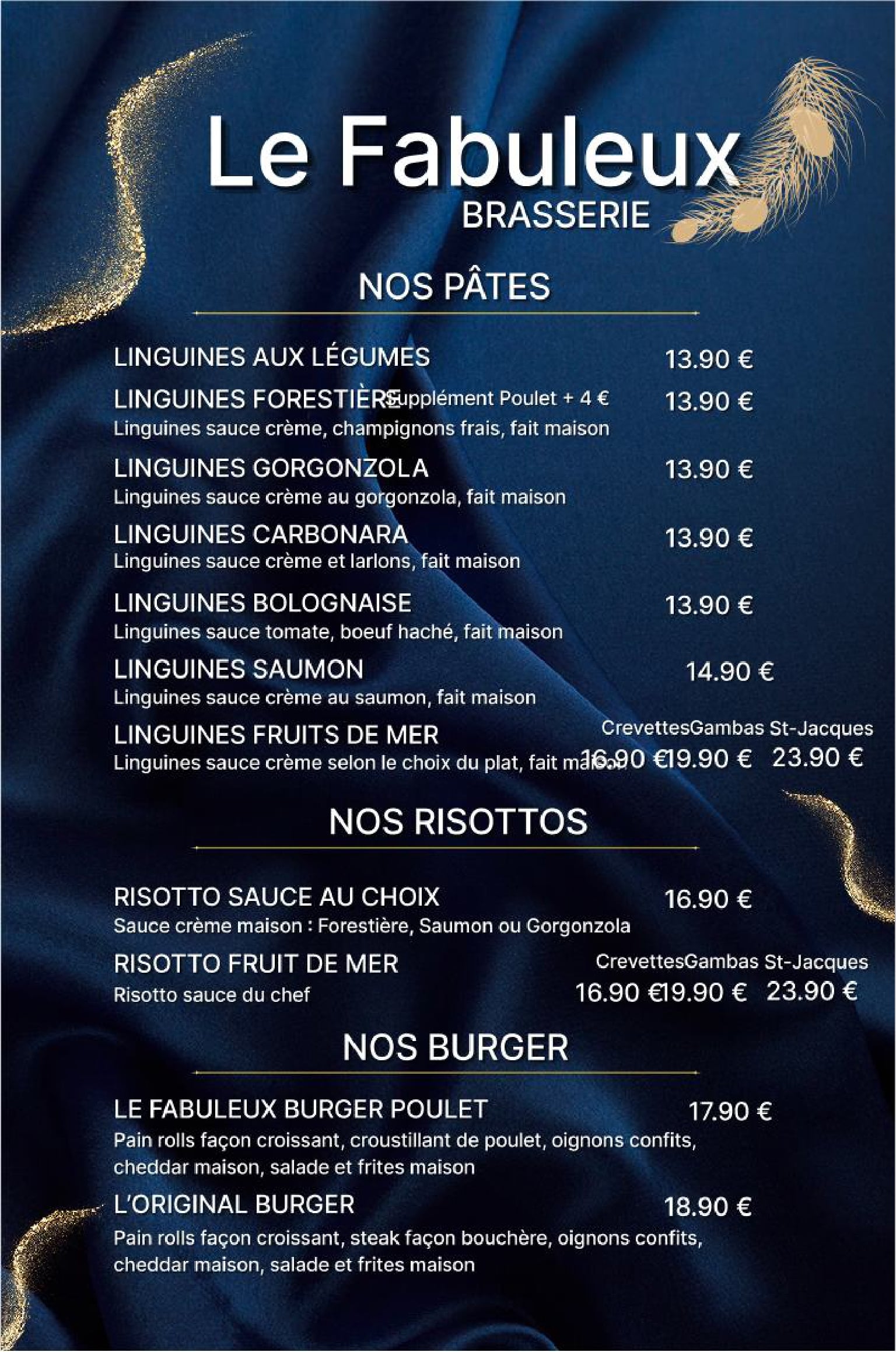 Menu Le Fabuleux Brasserie: sections Pâtes, Risottos, Burgers avec prix. Détails Linguines aux Légumes 13.90€, Fruits de Mer dès 16.90€, Burger Poulet 17.90€, Original 18.90€.