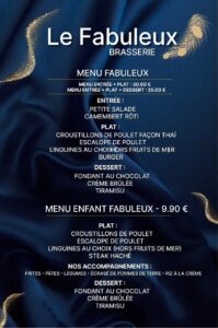 Menu Le Fabuleux Brasserie. Détails du Menu Fabuleux (30€/35€) et Menu Enfant (9.90€) avec entrées, plats, desserts.