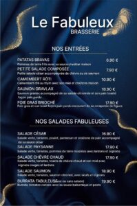 Menu Le Fabuleux Brasserie: Entrées (Patatas Bravas, Camembert Rôti...) et Salades Fabuleuses (César, Chèvre Chaud...). Prix en euros.