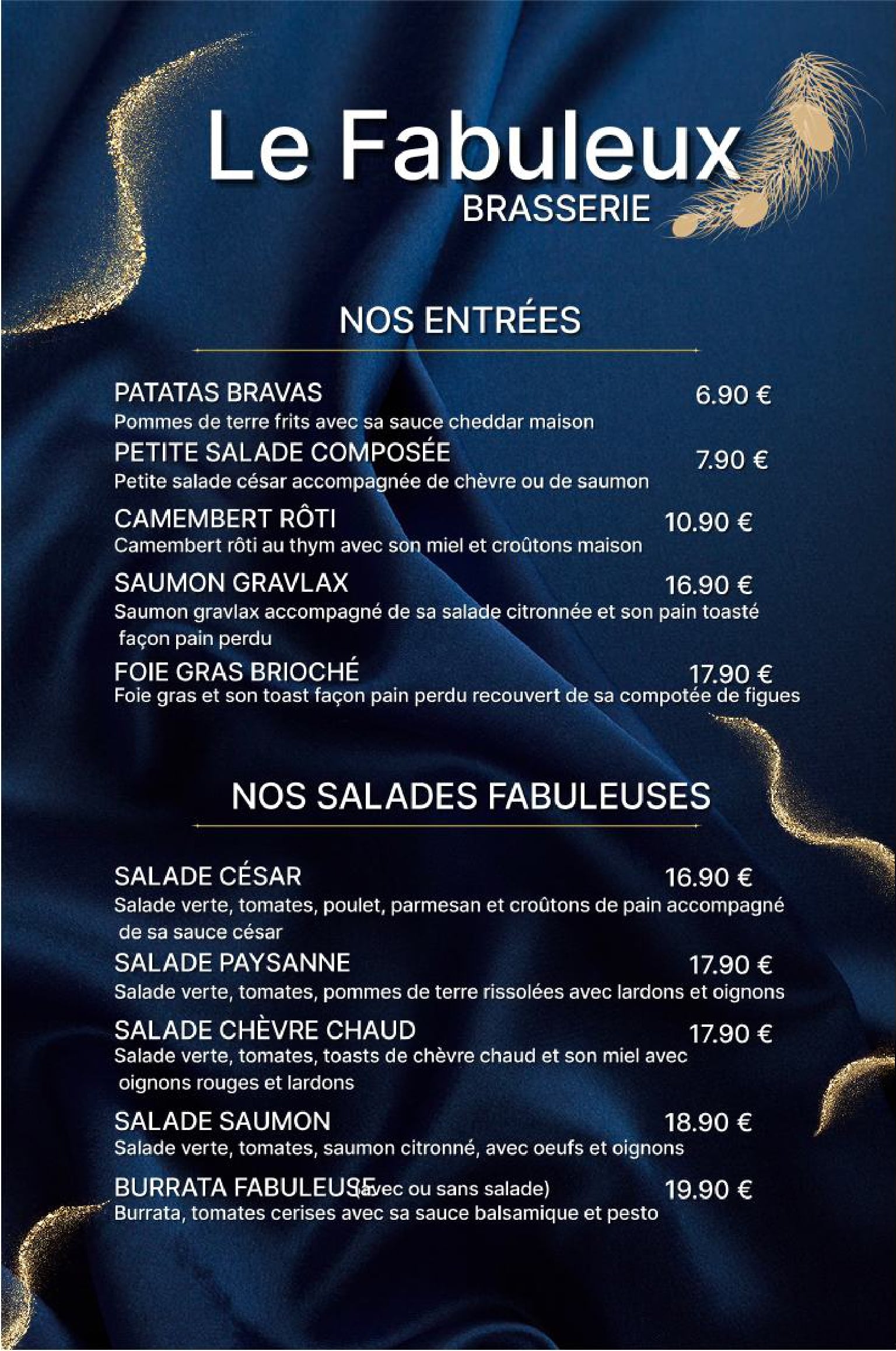 Menu Le Fabuleux Brasserie: Entrées (Patatas Bravas, Camembert Rôti...) et Salades Fabuleuses (César, Chèvre Chaud...). Prix en euros.